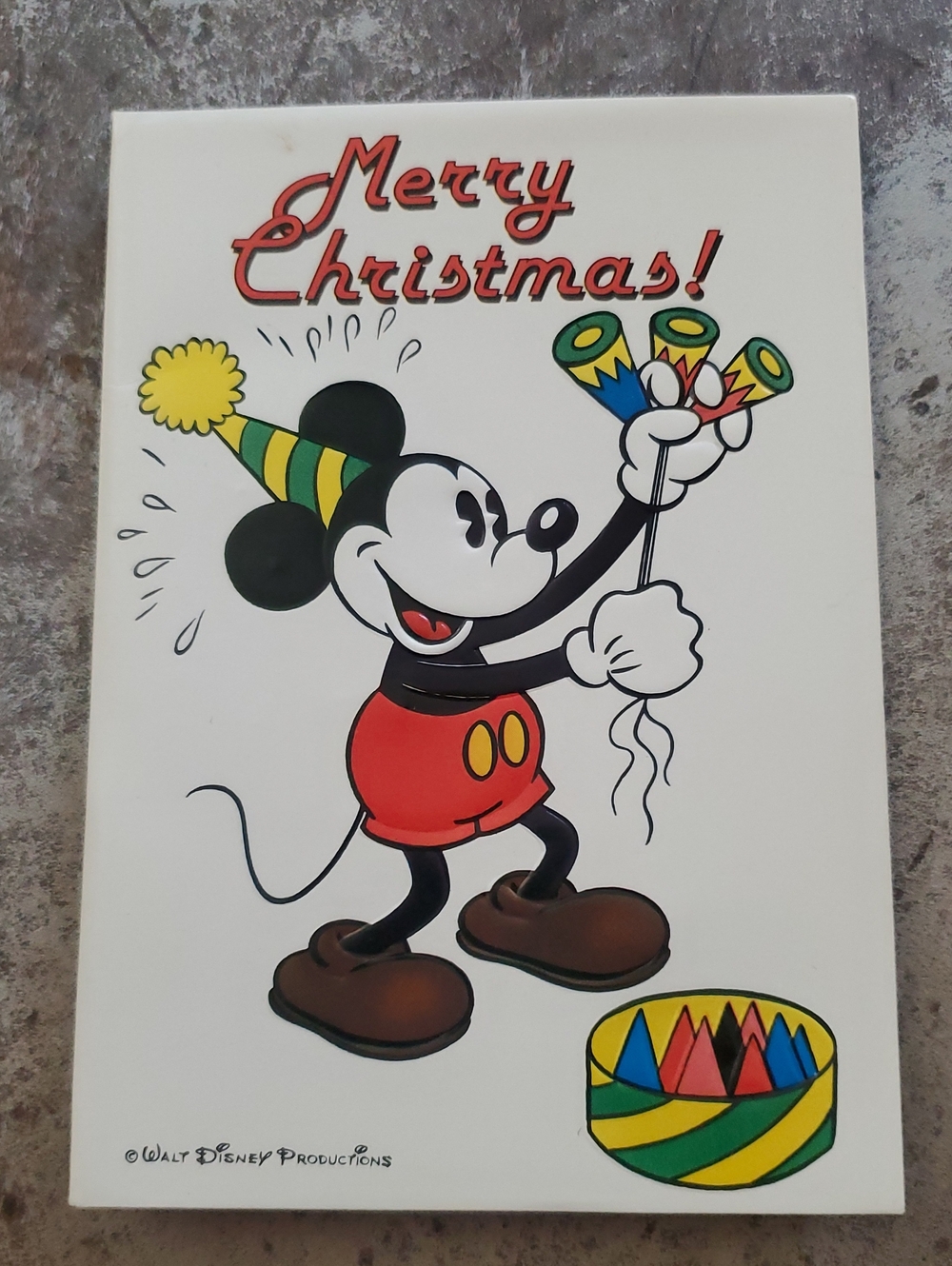 Vintage Disney Mickey Mouse Christmas Card - Red, Black, Yellow, Green, Brown
